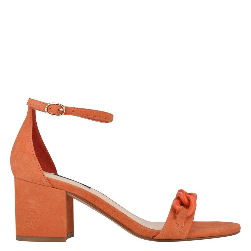 Nine West Kimba Ankle Strap Block Heel Orange Heeled Sandals | UK 04U62-0I44